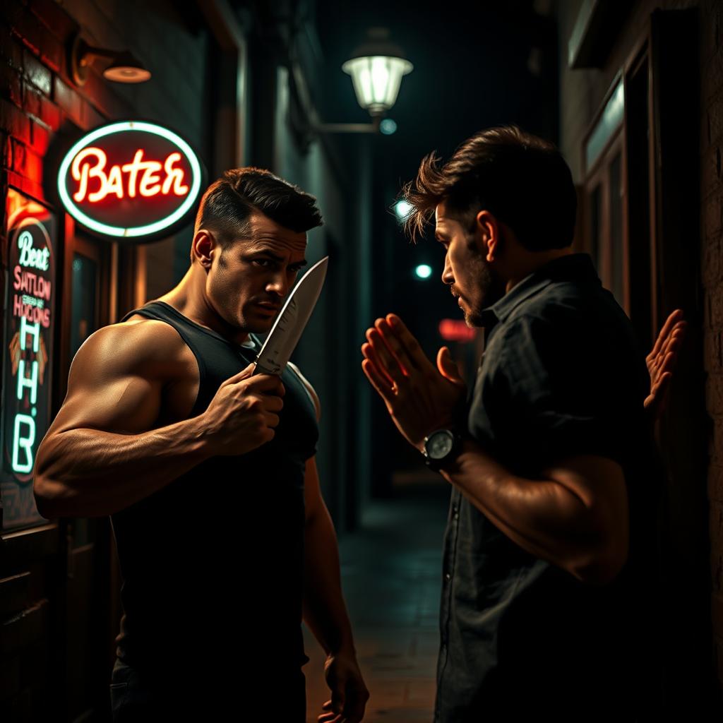 A dramatic scene depicting a man in a dark alley confronting another man