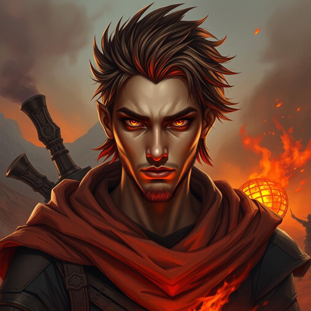 Un personaje impactante de Genasi de Fuego llamado Ashen Vael, representado en un entorno de fantasía