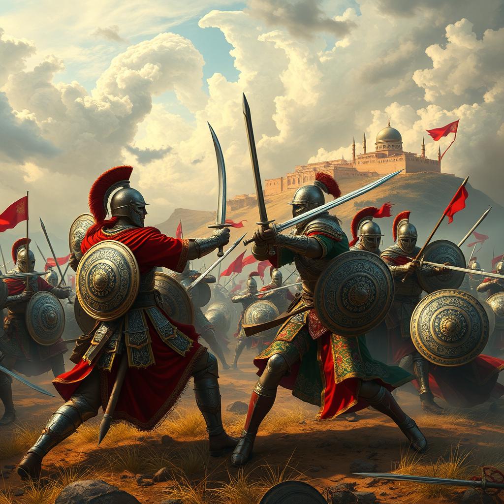 A dramatic and historical scene depicting the Persian victory over the Ottomans, showcasing an ancient battlefield filled with elegant Persian warriors in ornate armor, engaged in fierce combat against Ottoman soldiers
