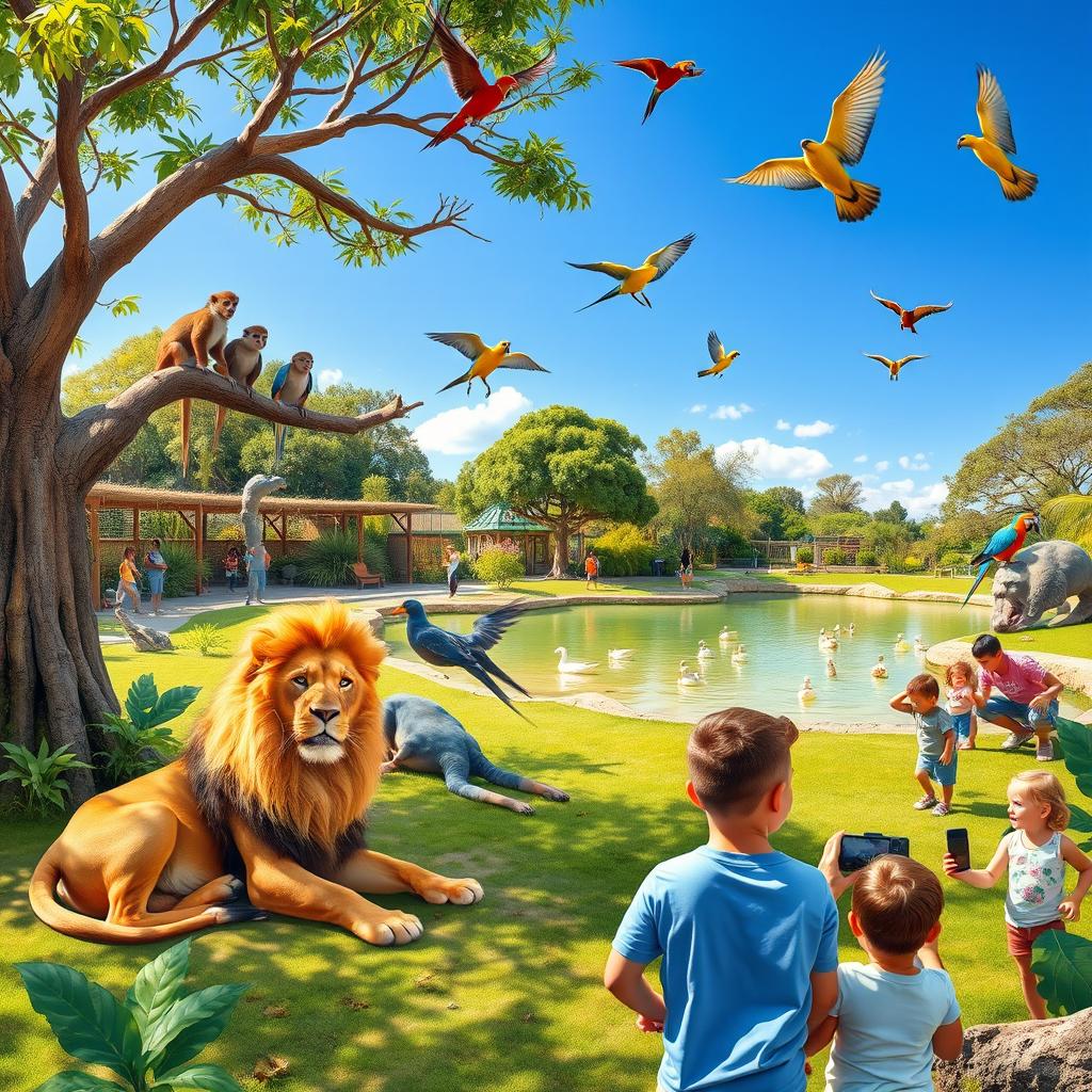 A vibrant, lively zoo scene showcasing a variety of animals in their naturalistic enclosures