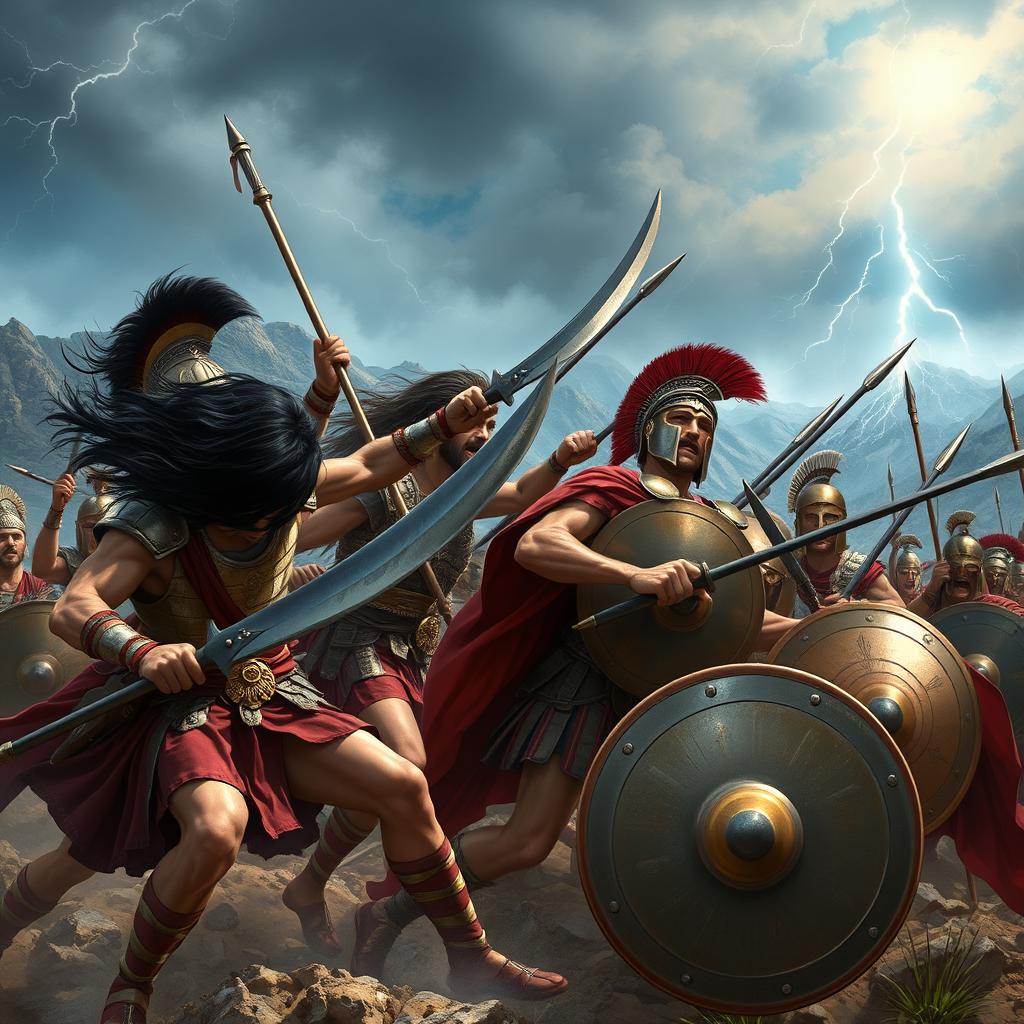 A dynamic scene depicting a fierce battle between Persian warriors and Spartan soldiers