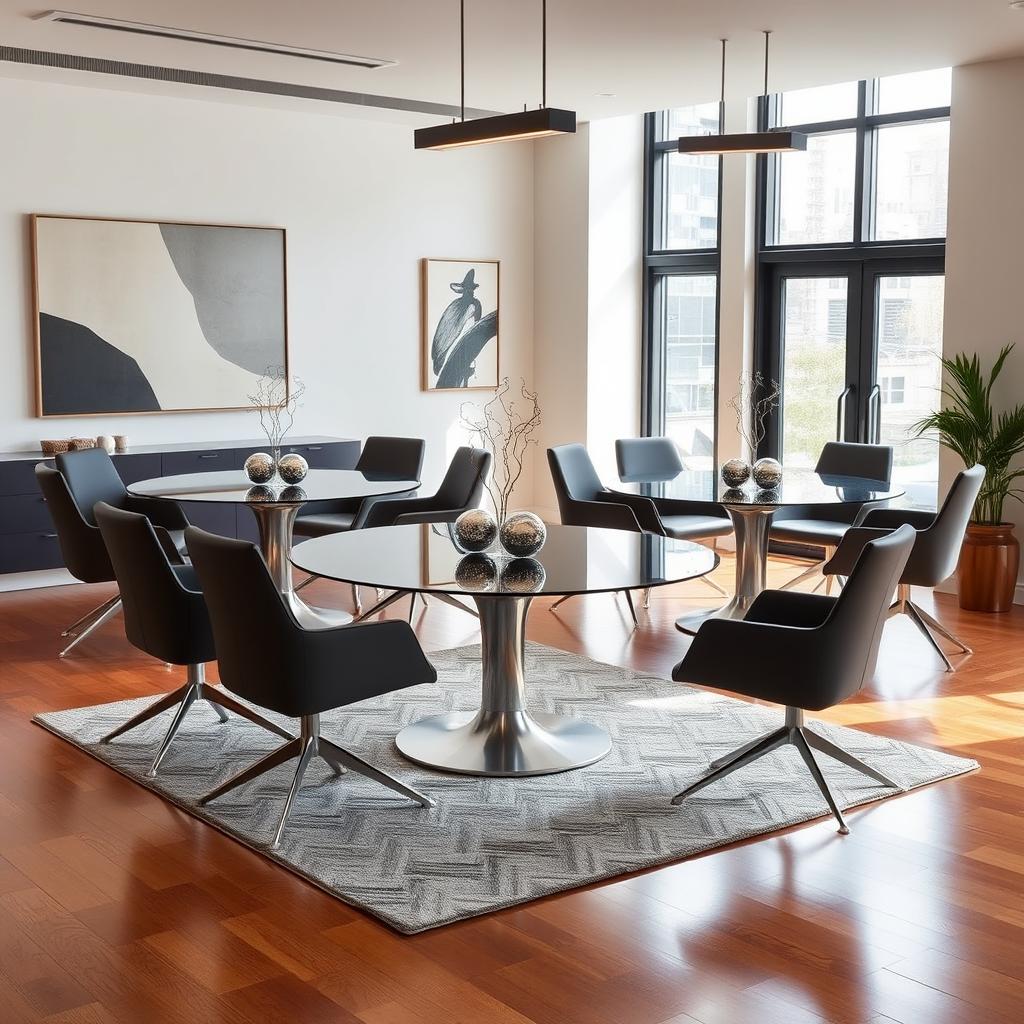 A sleek business dining room featuring two elegant modern tables surrounded by ten stylish contemporary chairs
