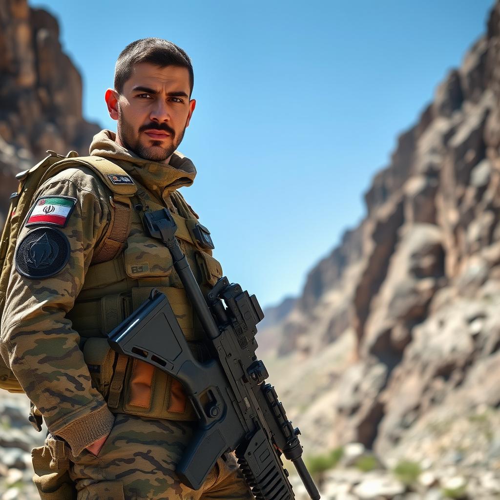 An Iranian military special forces soldier in full tactical gear, standing in a dramatic pose in the rugged landscape of a mountainous terrain