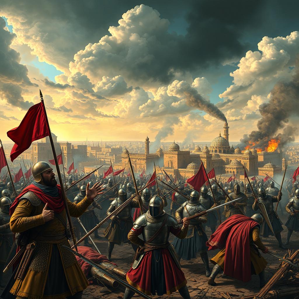 A detailed and vivid depiction of the Siege of Baghdad in 1624, showcasing the intense military conflict between Persian forces and the Ottoman Empire