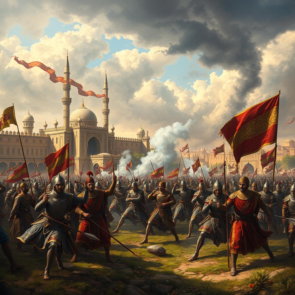 A historical depiction of the Persian Shia siege of Baghdad in 1624, illustrating a grand battlefield scene with Persian soldiers in ornate armor, engaging in a siege against the fortified city of Baghdad