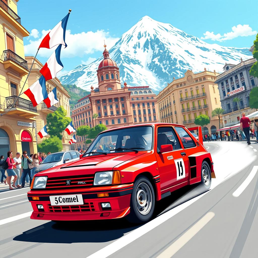 A stunning illustration of a Peugeot 205 T16 Evo 2 racing through the vibrant streets of Monte Carlo, with snow-capped mountains majestically rising in the background