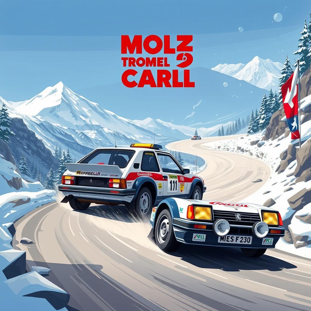 An exciting illustration of a Peugeot 205 T16 Evo 2 Talbot Sport competing in the Rally Monte Carlo, showcasing the car in action during the rally stages