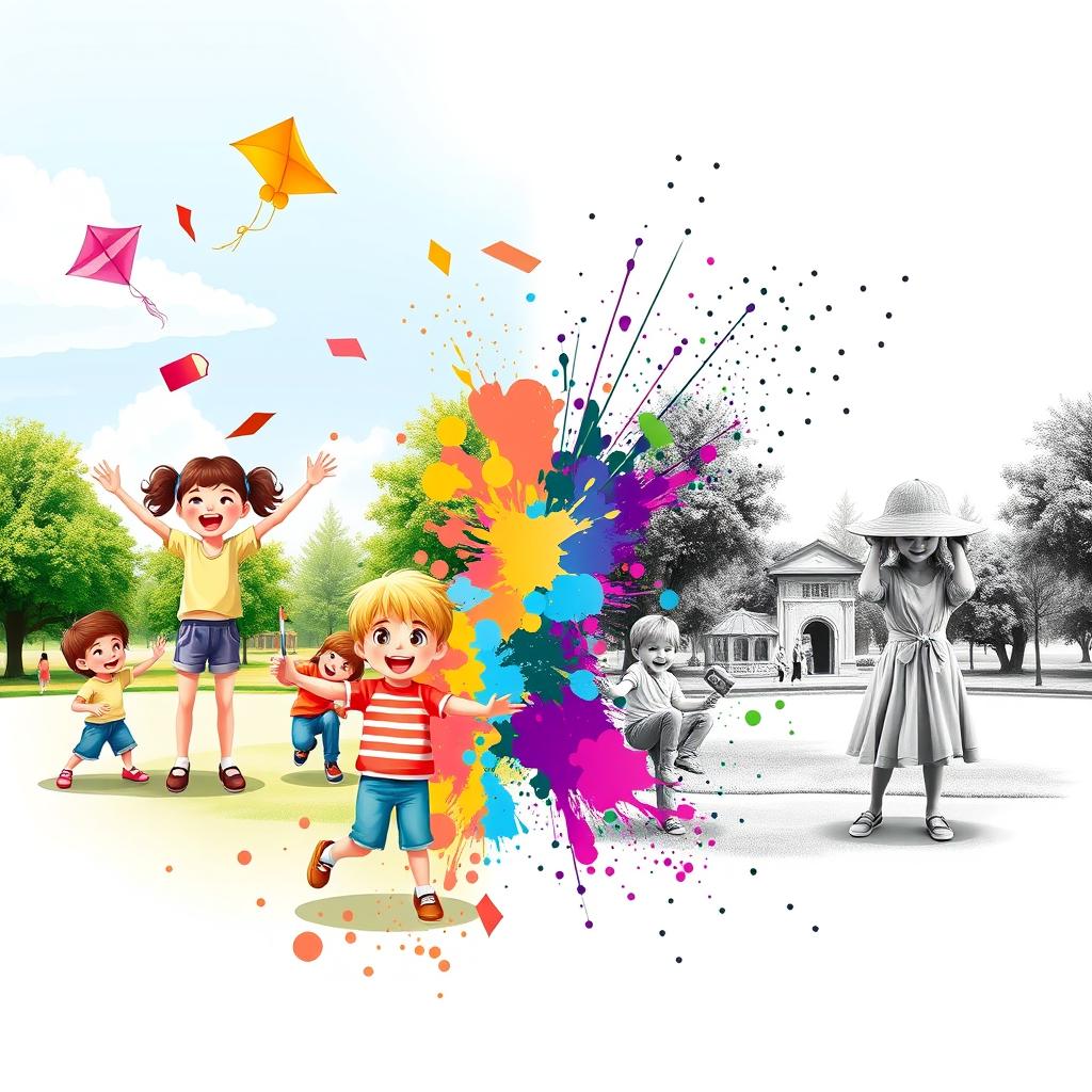 A creative, artistic image featuring a split design: one half in vibrant colors showcasing cheerful and happy children engaging in playful activities like playing in a park, flying kites, and painting