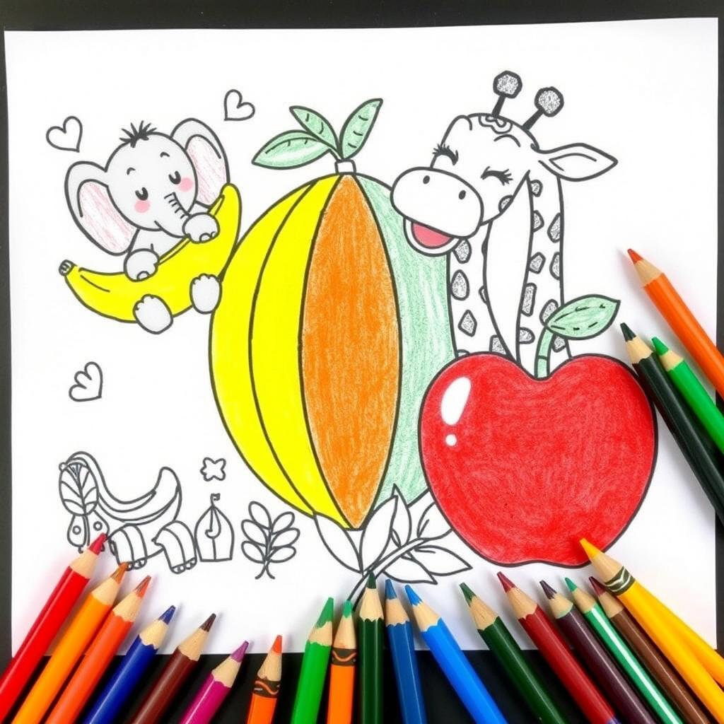 A whimsical coloring page featuring a combination of animals and fruits