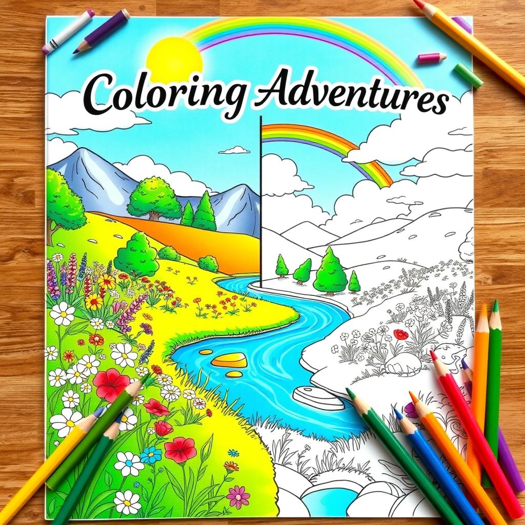 A delightful coloring book cover featuring a landscape scene split in half