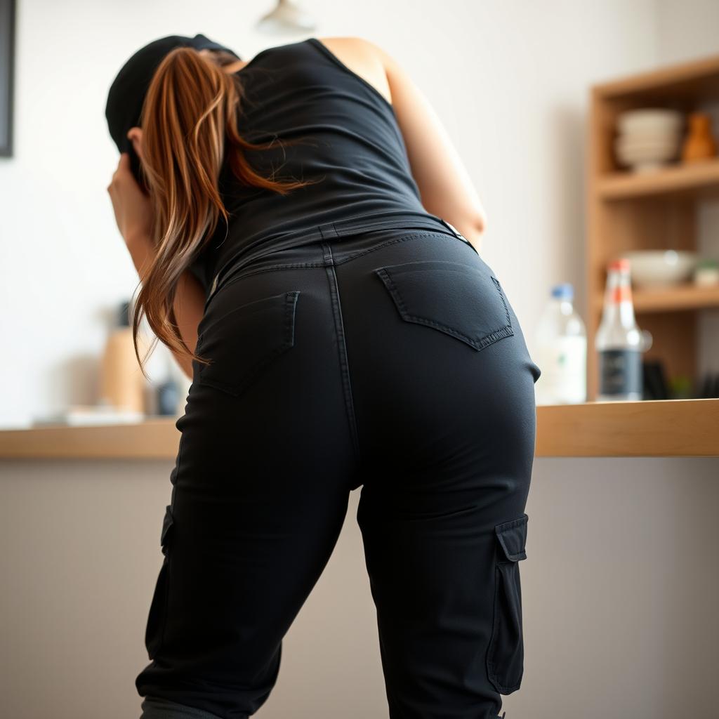 A close-up shot from behind, focusing on the voluptuous rear of a woman with a brunette ponytail peeking out from under a black cap