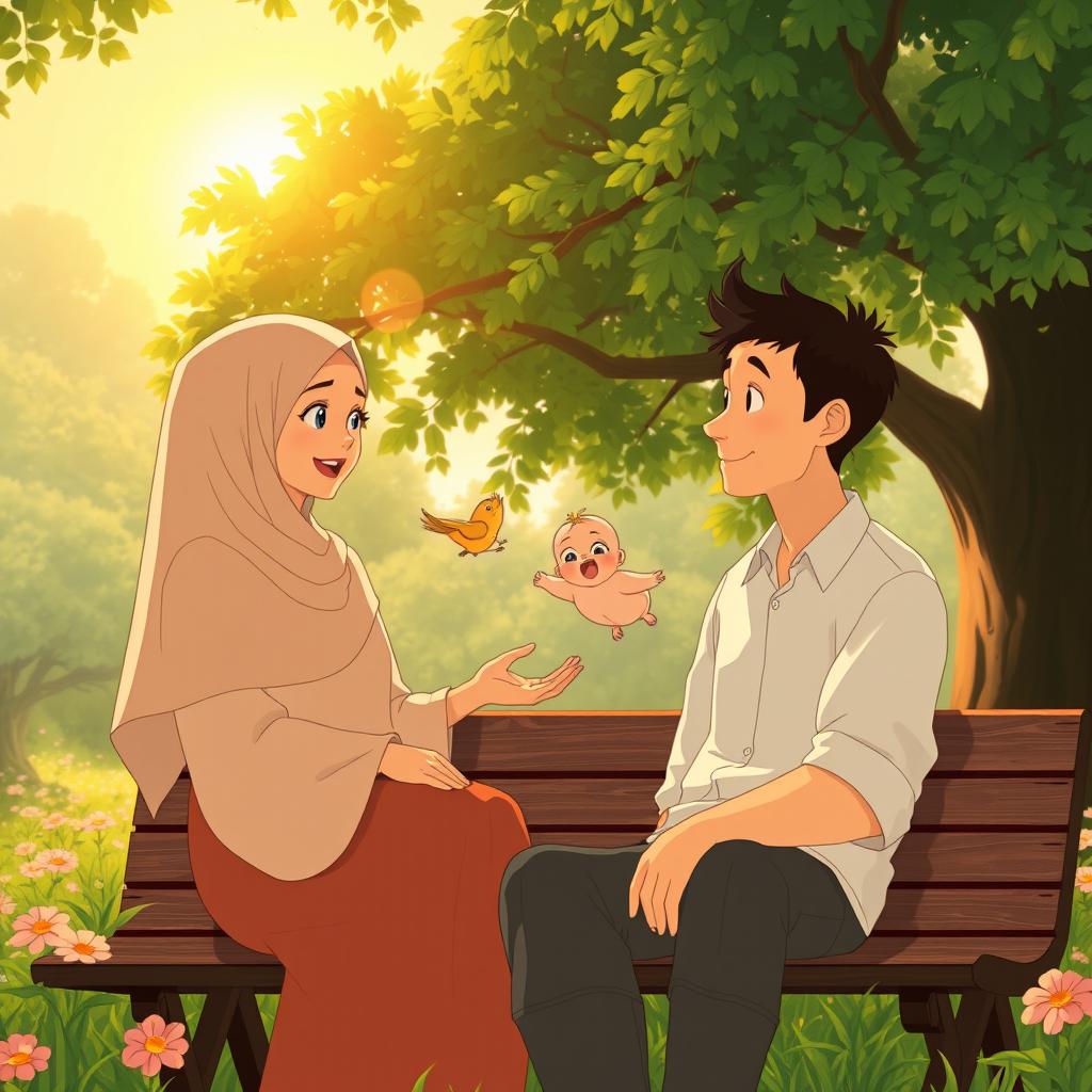 A loving family moment in a lush, green park during a golden sunset, featuring a mother wearing a soft, flowing hijab, a father in casual, cozy attire, and their one-year-old chubby baby full of curiosity
