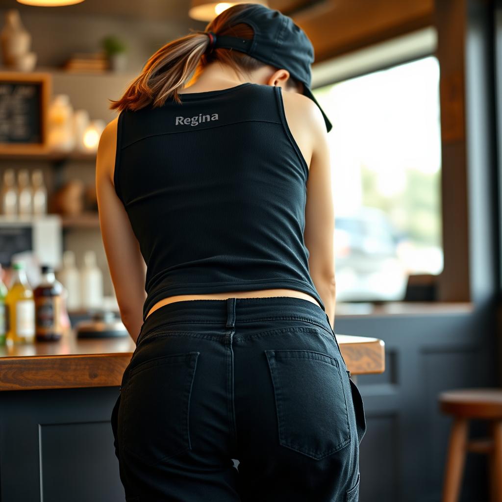 A close-up shot from behind, highlighting the appealing rear view of a woman with a brunette ponytail tucked under a sleek black cap