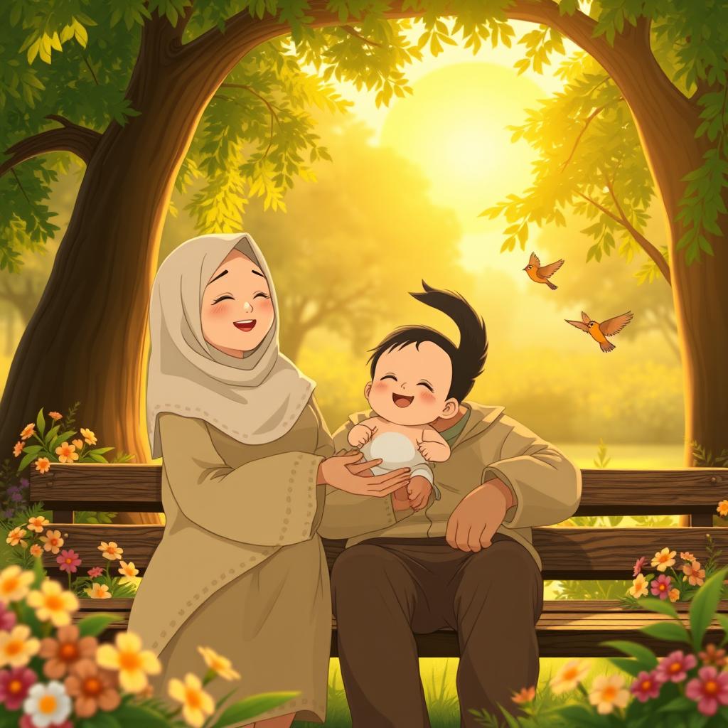 A heartwarming family moment in a lush, green park during a golden sunset, illustrated in the style of Studio Ghibli