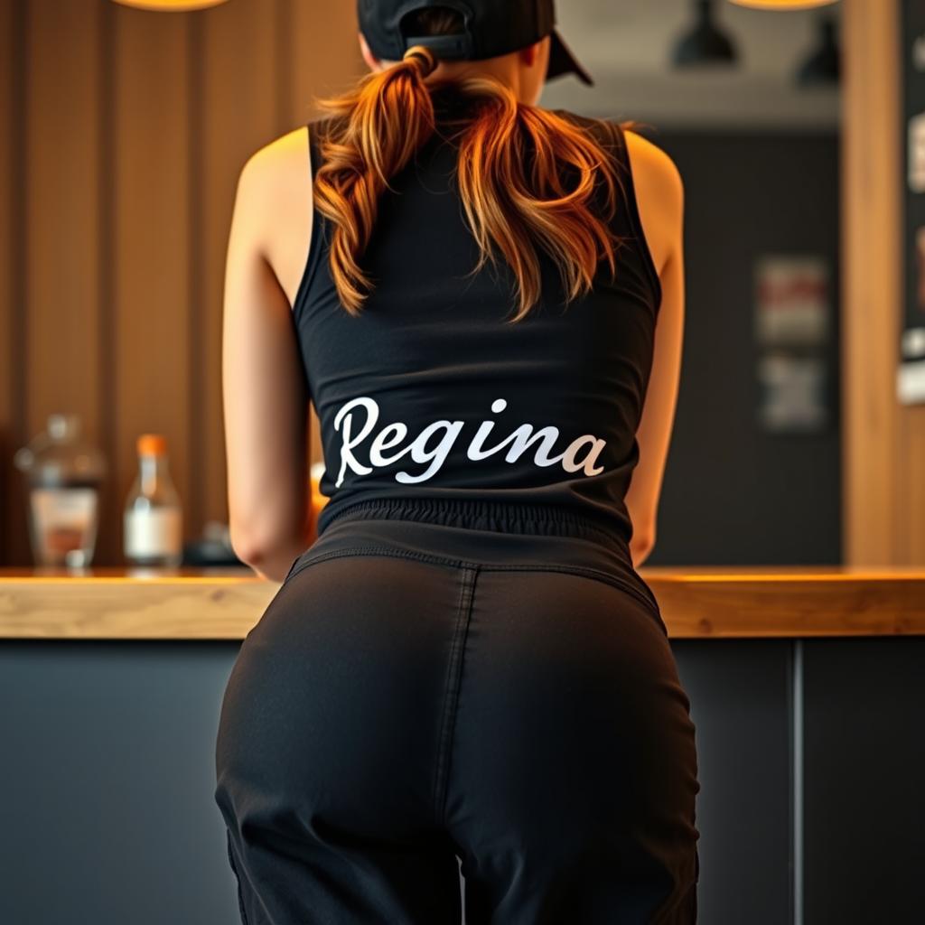 A close-up shot from behind, showcasing the captivating rear view of a woman with a brunette ponytail tucked beneath a stylish black cap