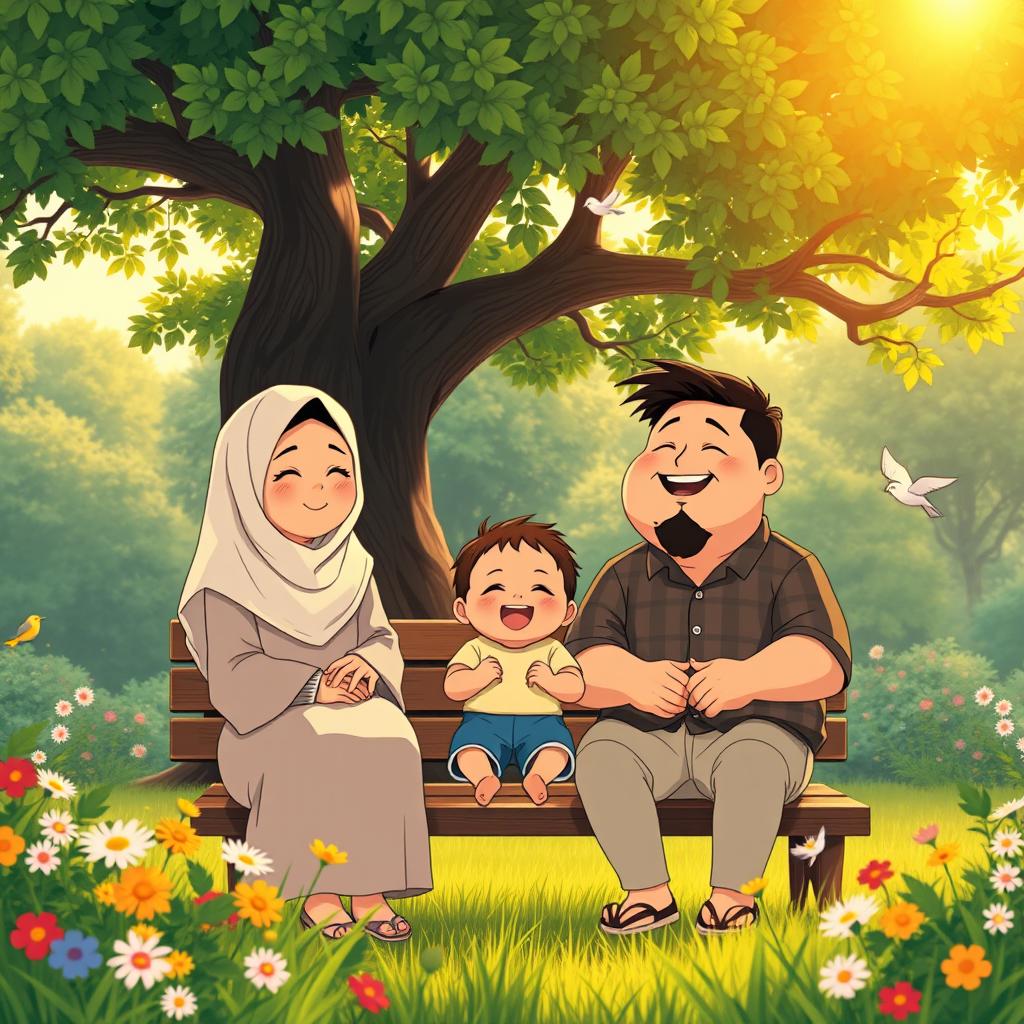 A heartwarming family scene in a lush, green park during a golden sunset, styled in the whimsical nature of Studio Ghibli