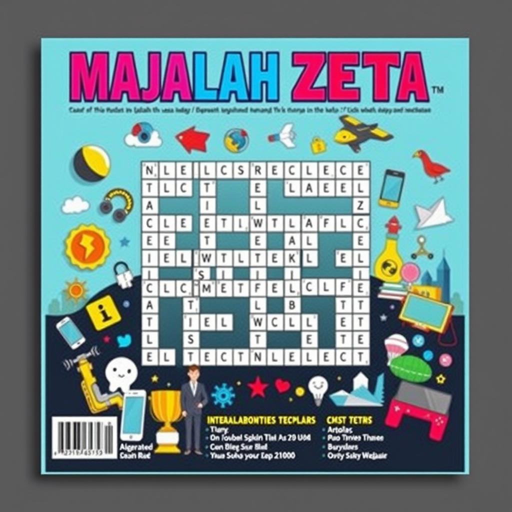 A design for an A4 magazine cover featuring a crossword puzzle themed around the title 'MAJALAH ZETA'