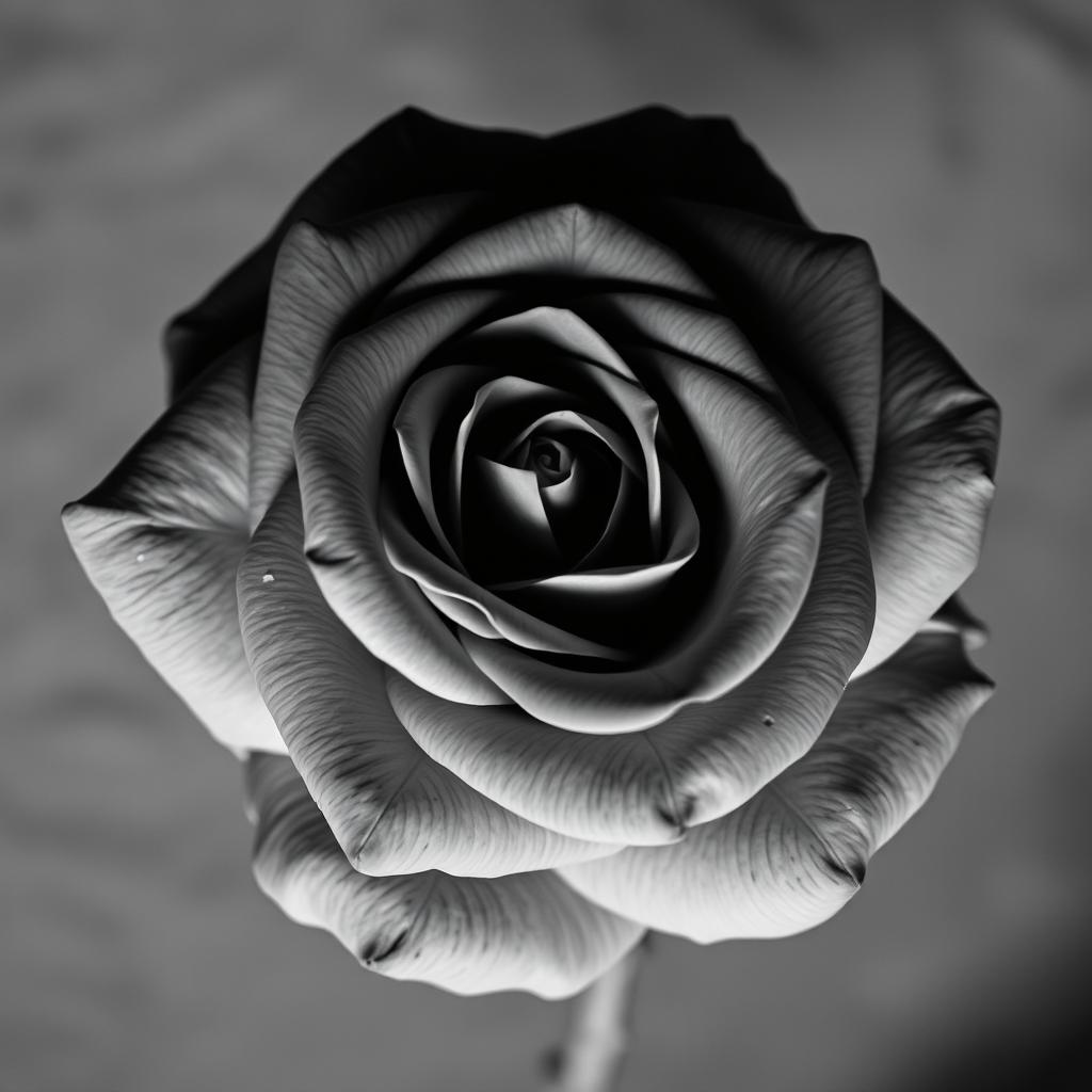 A beautifully detailed black and grey rose, emphasizing the intricate petals and shading, set against a subtle, textured background that enhances the floral design