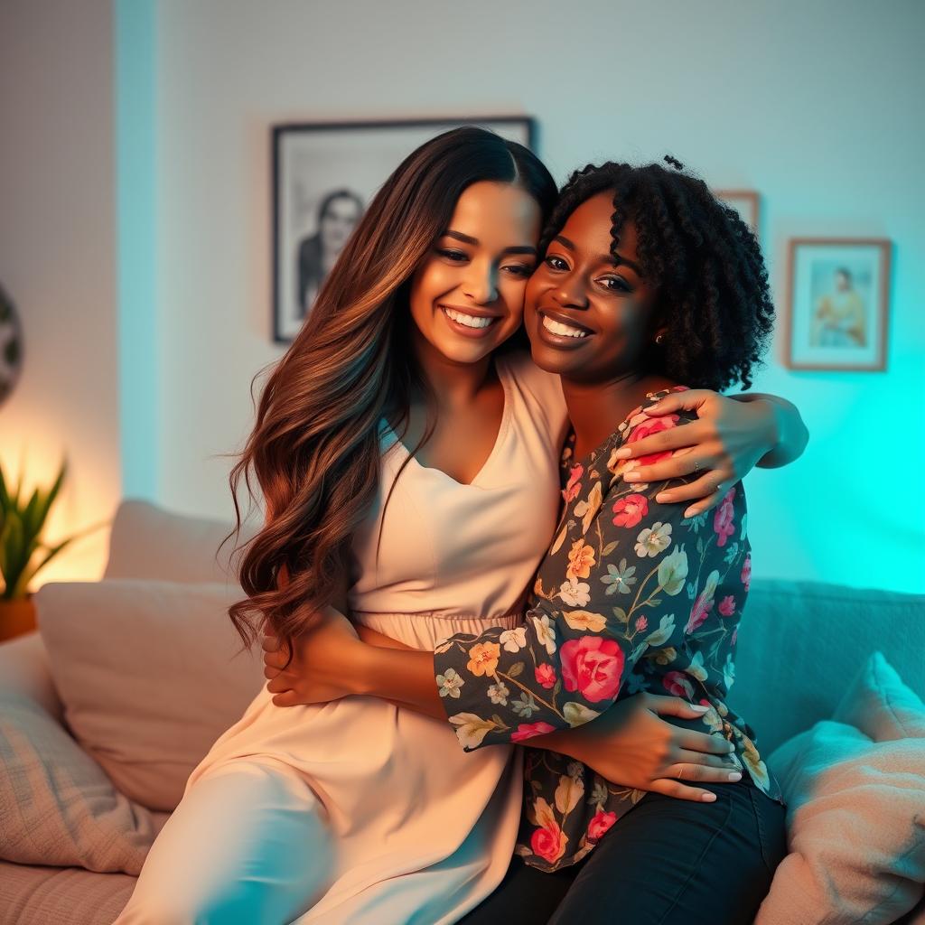 A heartfelt and warm scene of two beautiful women embracing each other in a cozy indoor setting, surrounded by soft, ambient lighting that highlights their joyful expressions