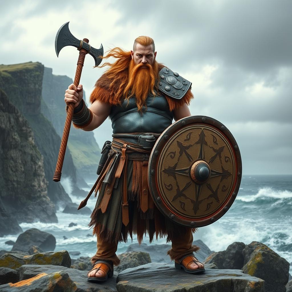 A powerful Viking warrior standing tall on a rocky shore, clad in traditional Viking armor made of leather and chainmail