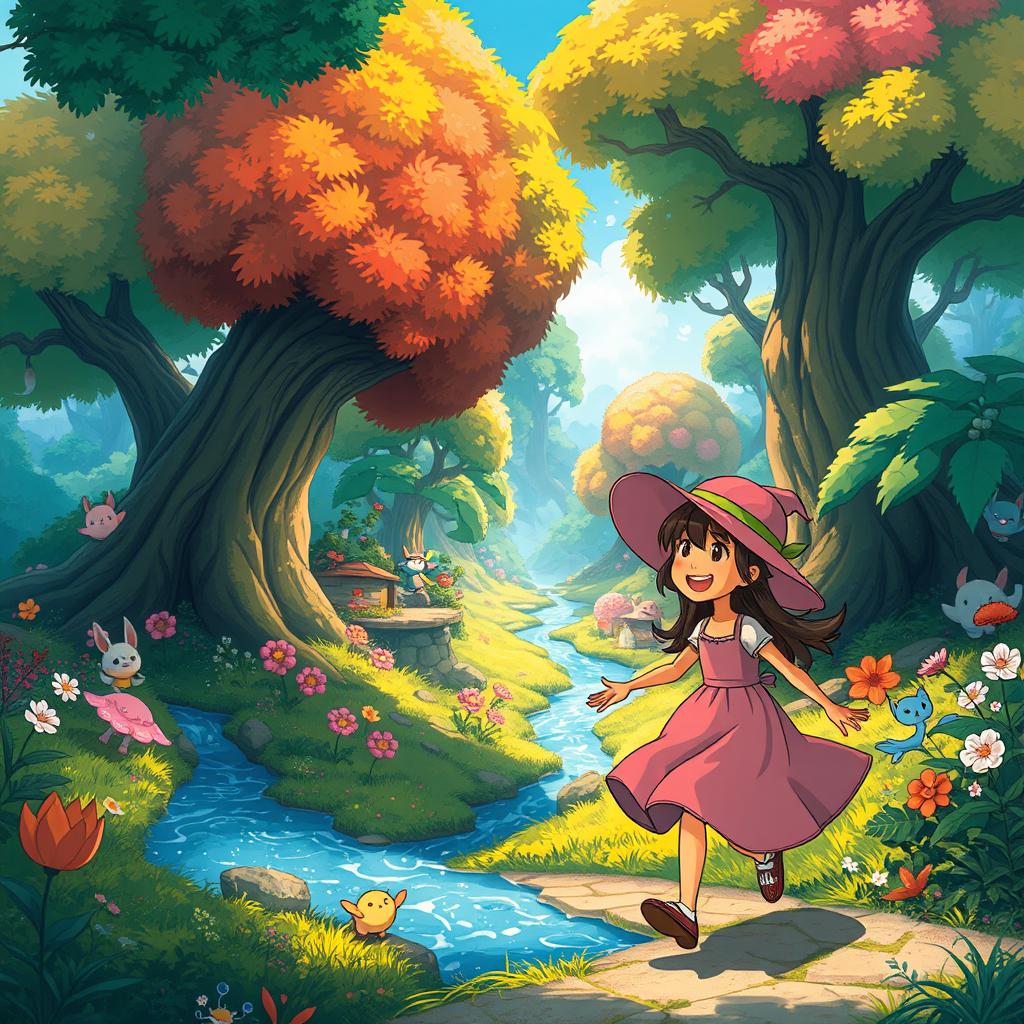 A whimsical landscape featuring a vibrant, enchanted forest filled with lush, oversized trees, sparkling streams, and magical creatures like friendly spirits peeking from behind the foliage