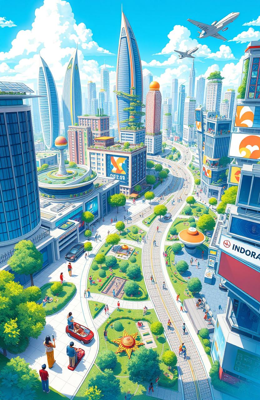 A futuristic illustration depicting a vibrant Indonesian city in the year 2100, showcasing iconic architecture, advanced technology, and lush greenery