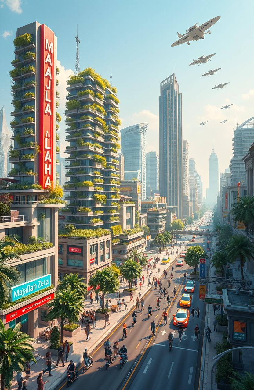A futuristic and vibrant cityscape depicting Indonesian cities in the year 2100, showcasing advanced architecture, lush green spaces, and innovative transportation systems