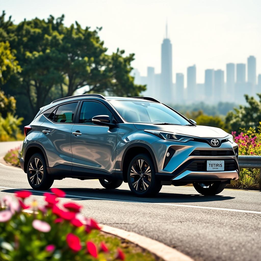 A sleek and modern car design showcasing the Toyota Terios, parked on a scenic road