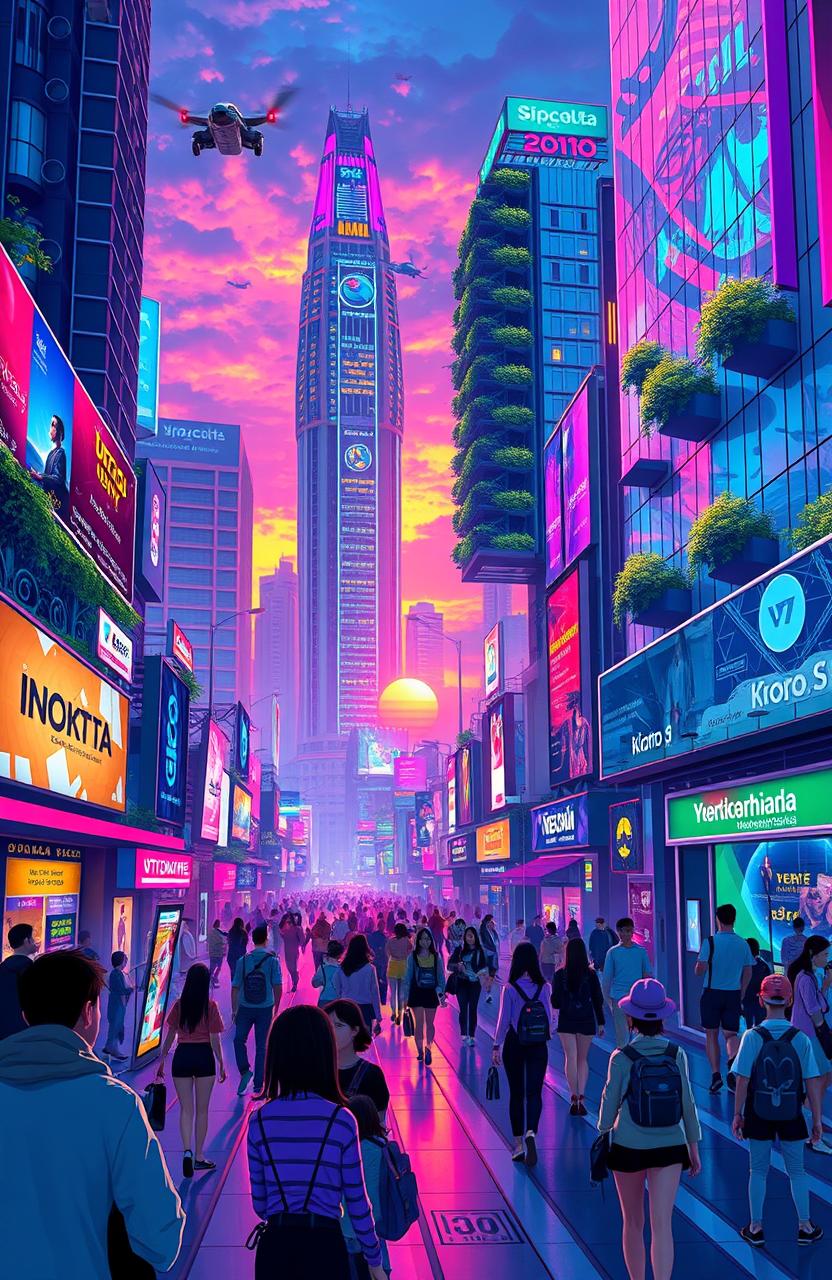 A conceptual illustration of Indonesian cities in the year 2100, featuring a vibrant cyberpunk aesthetic