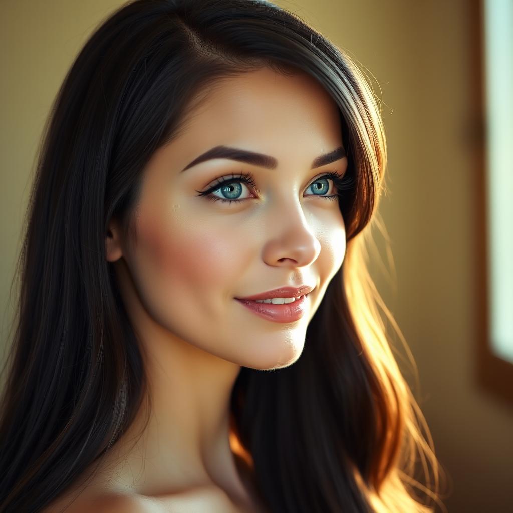 A realistic portrait of a charming Caucasian woman with long black hair, elegantly styled, looking sideways with a subtle smile