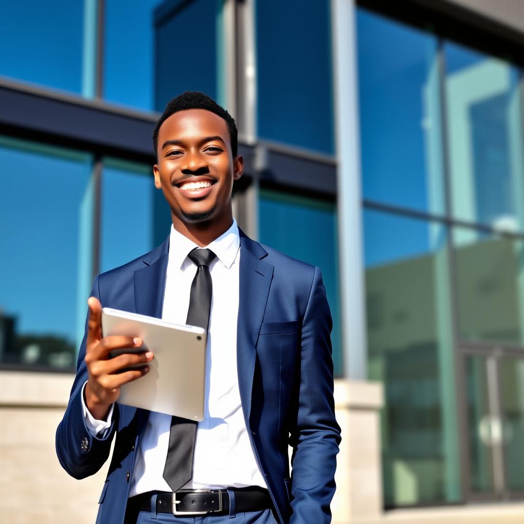 A vibrant and engaging portrait of a young businessman standing confidently in front of a modern office building