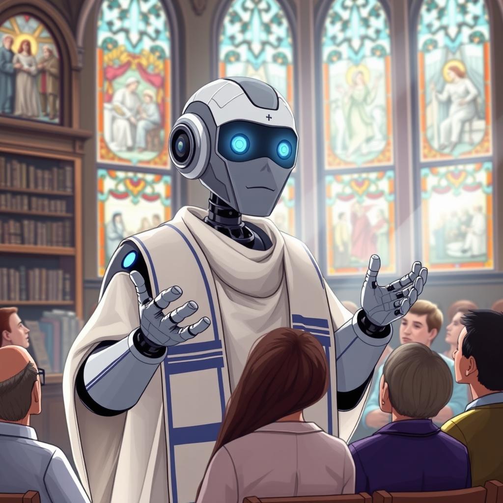 An illustration of a wise and modern AI Rabbi, depicted as a humanoid robot wearing traditional Jewish garments, including a tallit (prayer shawl) draped over its shoulders and a kippah on its head