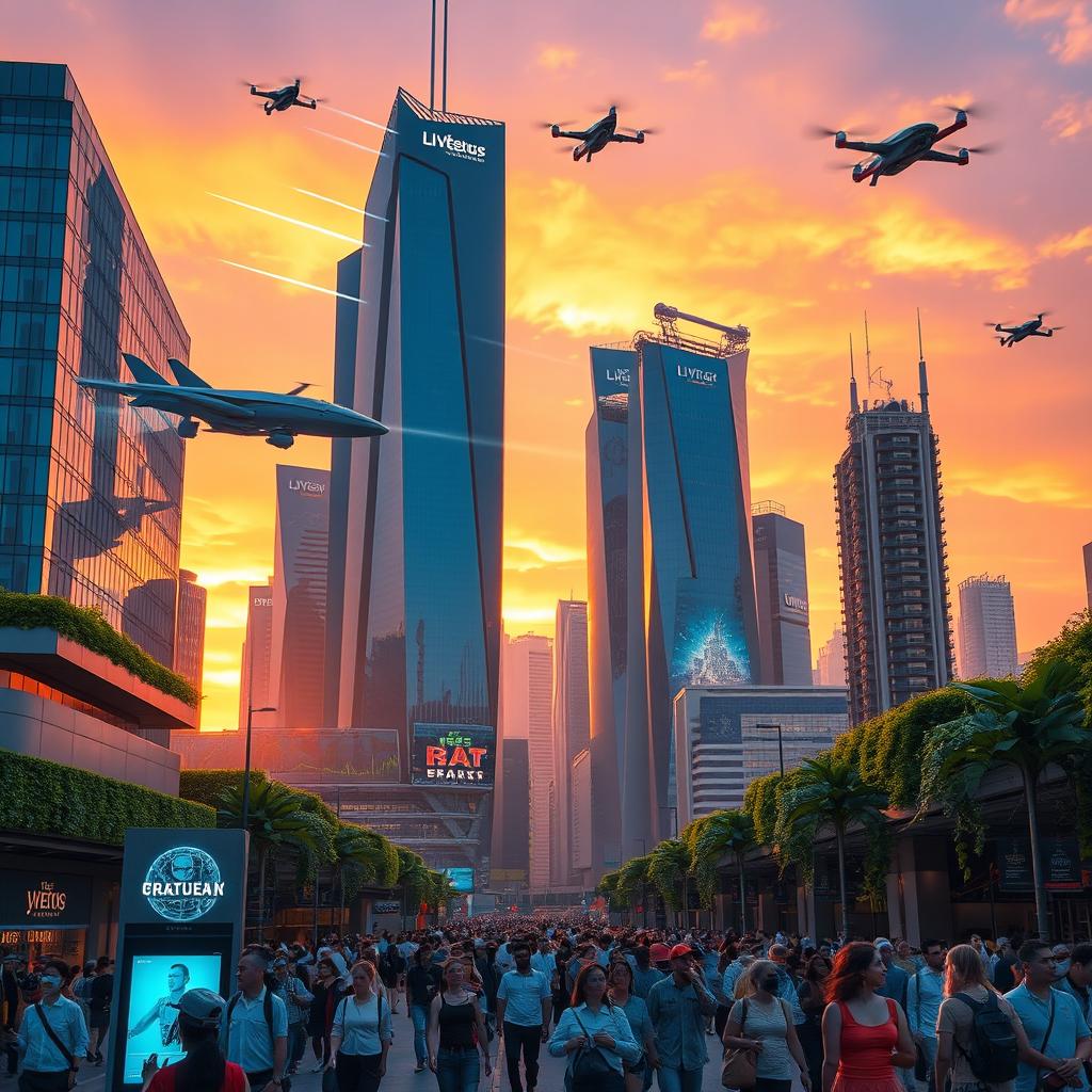 A futuristic city skyline at sunset, with sleek skyscrapers featuring shining glass facades and dynamic architectural designs