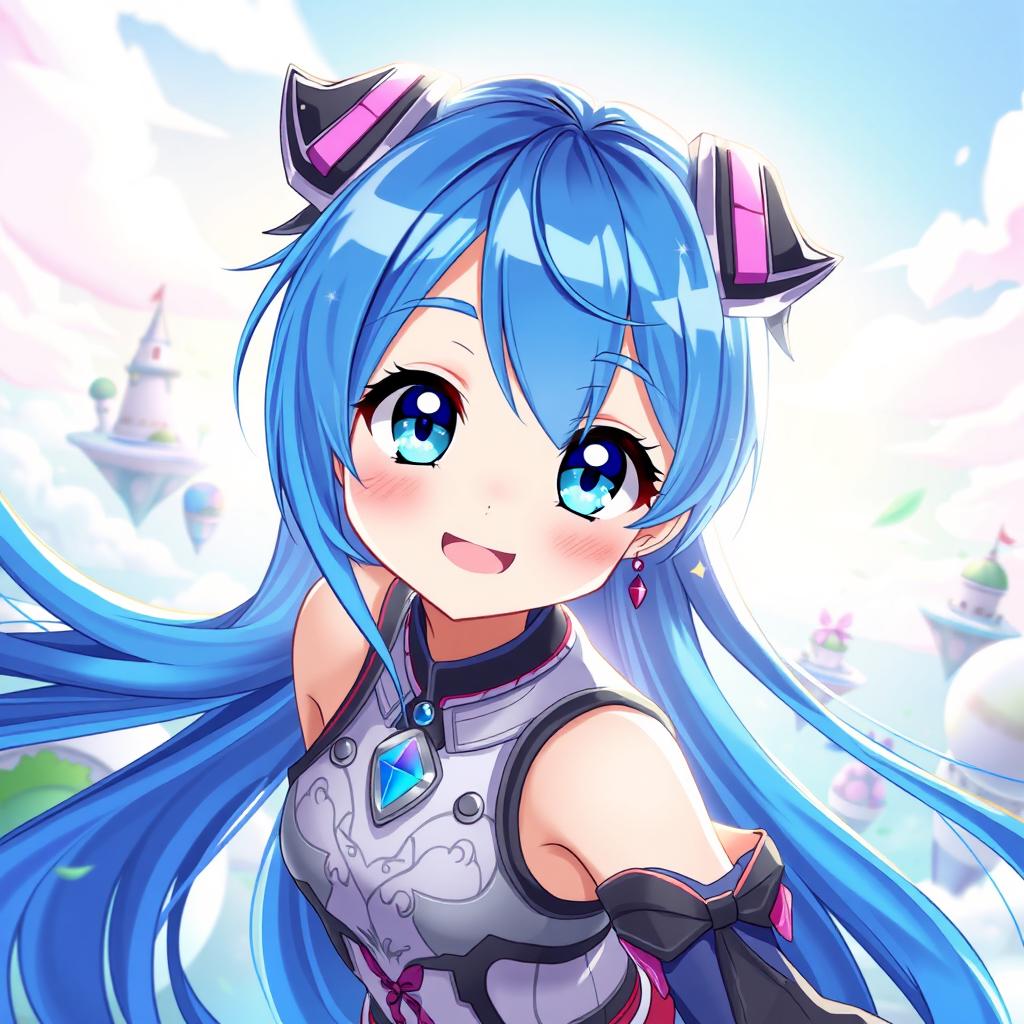 A vibrant digital art piece featuring a blue-haired anime girl with large expressive eyes and a playful smile