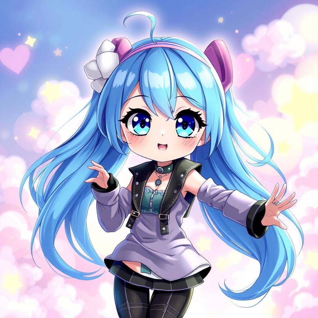 A vibrant and dynamic digital artwork of a blue-haired anime girl with large expressive eyes, wearing a stylish outfit that combines both edginess and cuteness