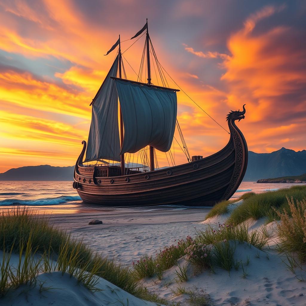 A majestic Viking ship resting on the shore, its wooden hull intricately carved with Norse patterns, billowing sails furled down