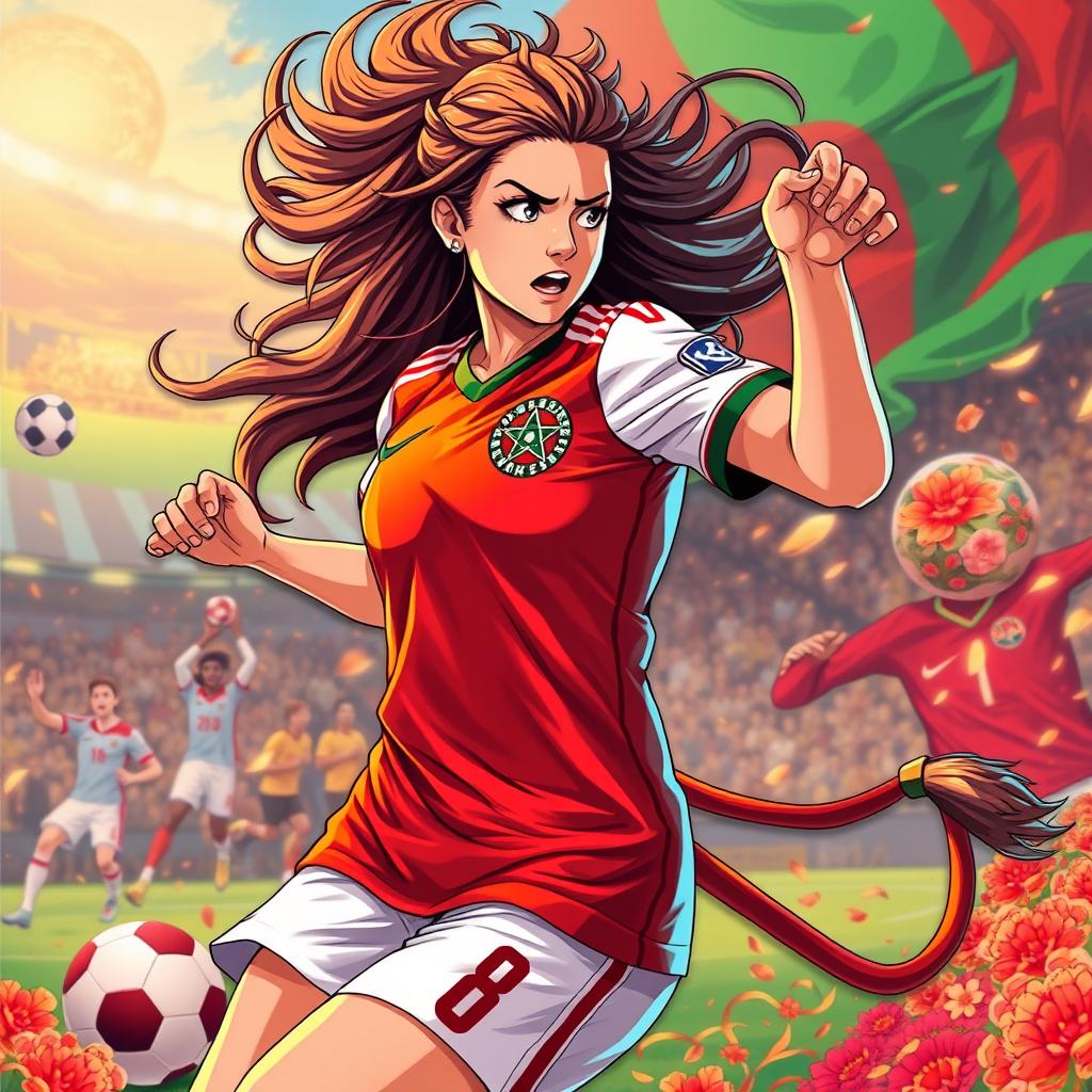 A stunning women's soccer player from Morocco, inspired by a lion, wearing the number 8 jersey