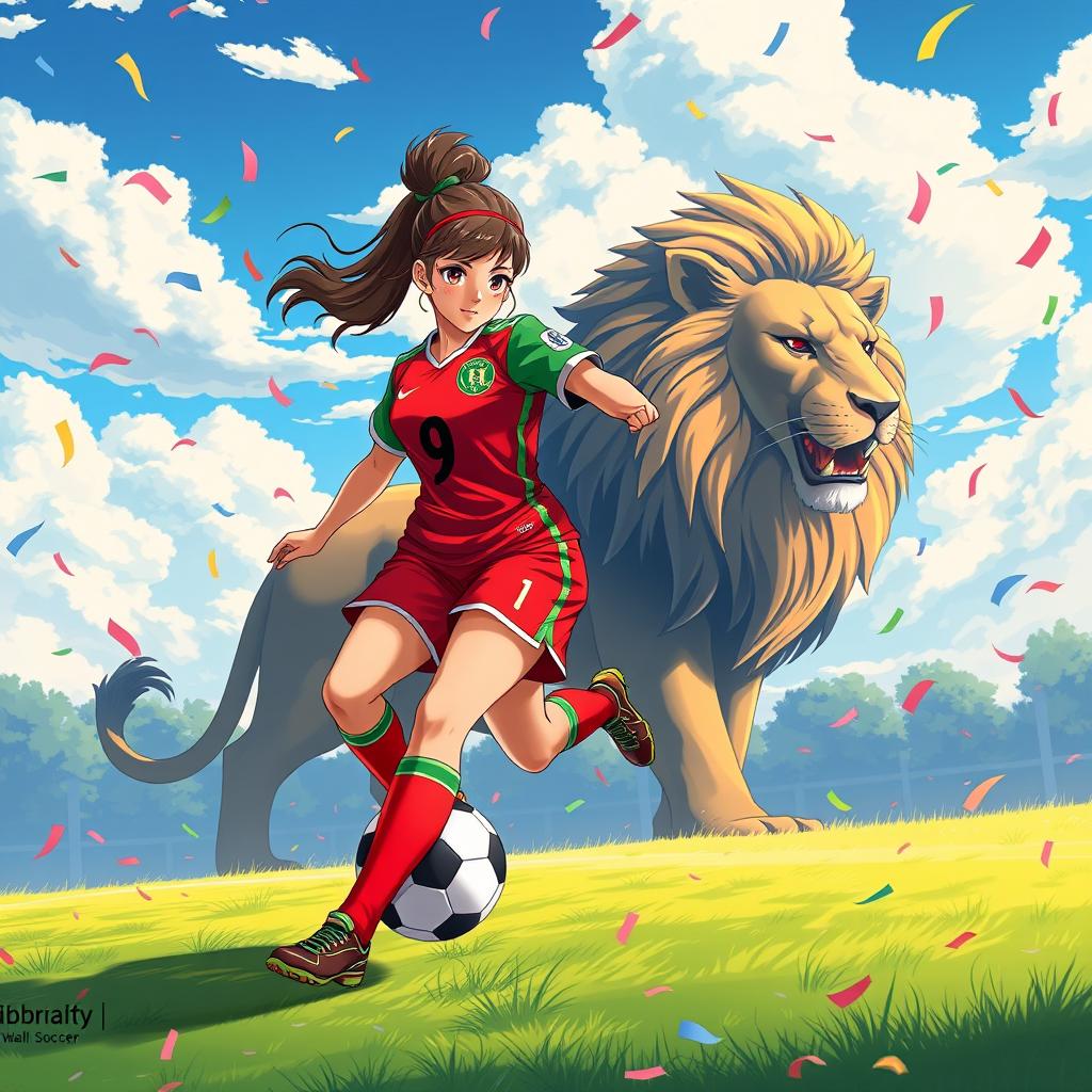 A vibrant anime-style wallpaper featuring a female Moroccan soccer player named Nada, wearing a striking red and green soccer uniform adorned with the number 9