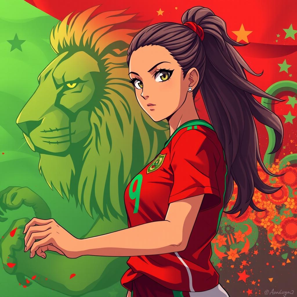 A stunning anime wallpaper featuring a skilled Moroccan women's soccer player named Nada, wearing jersey number 9