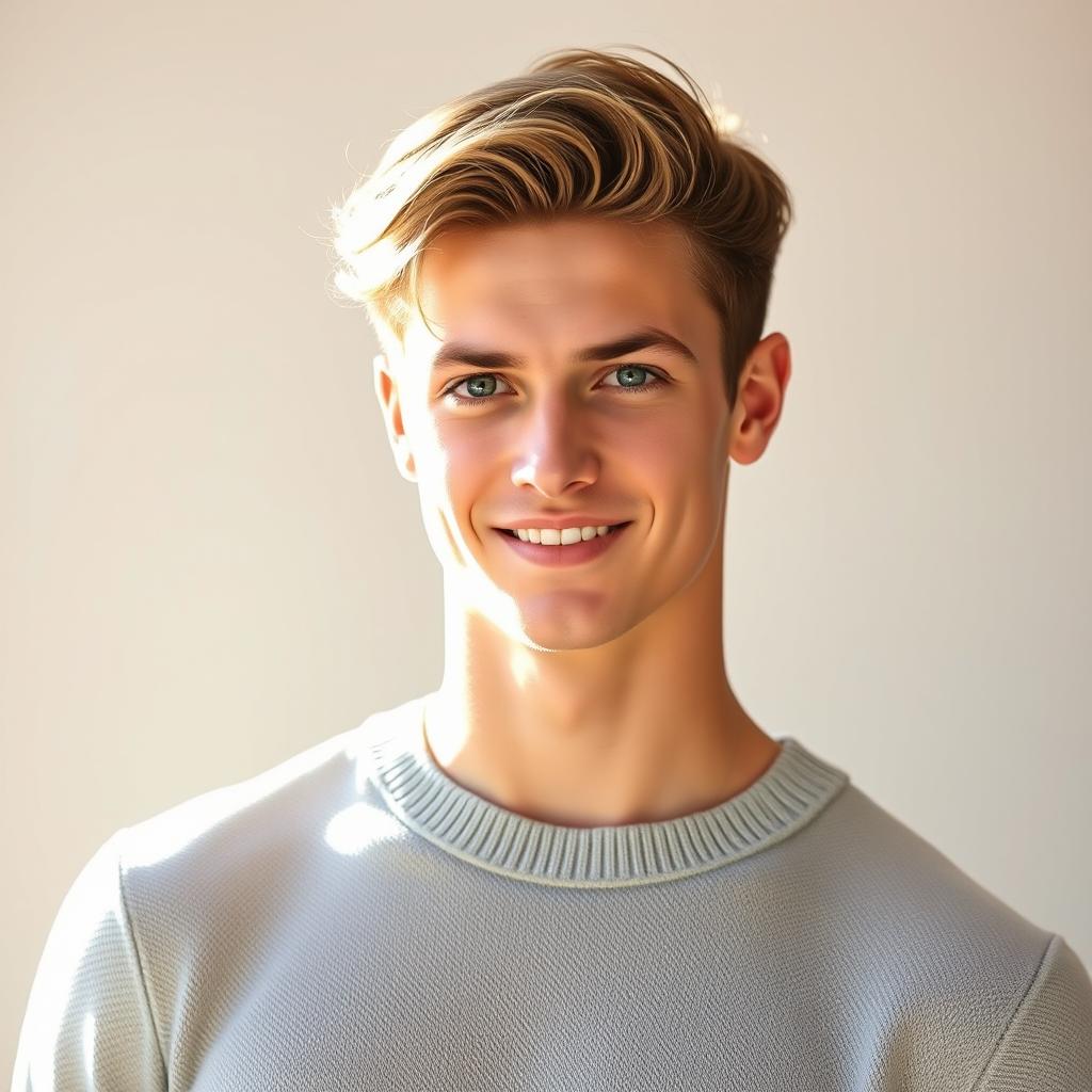 A handsome young man with blondish brown hair and striking green eyes, standing confidently against a soft, blurred background