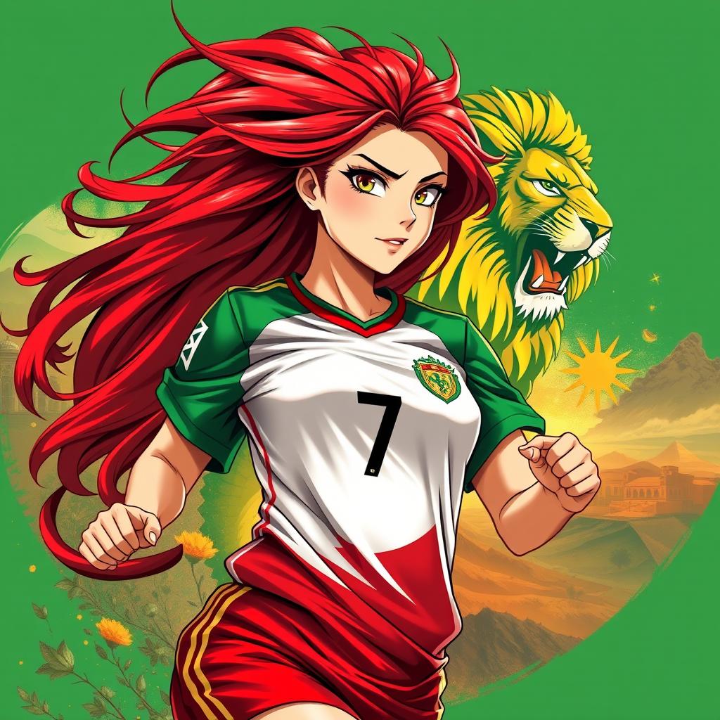 An artistic wallpaper featuring a female Moroccan soccer player, inspired by anime styling