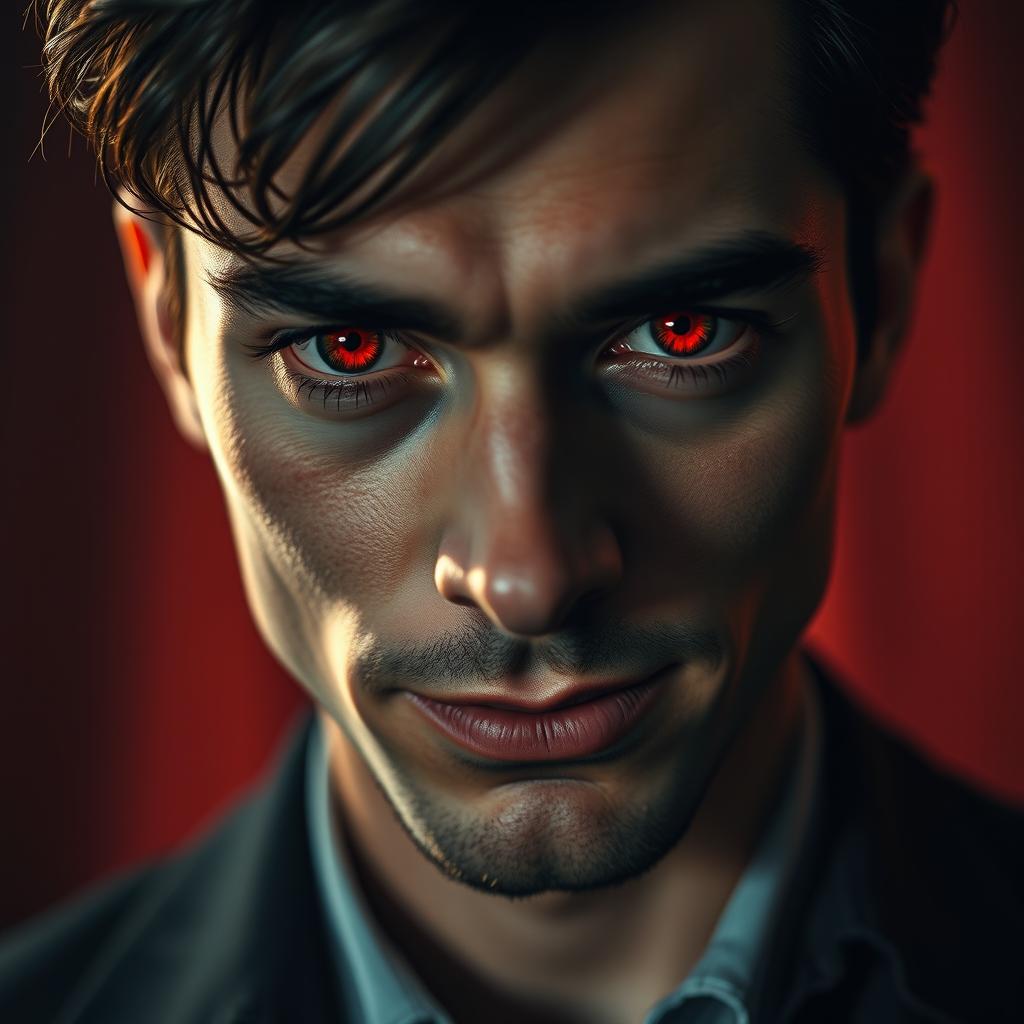 A close-up portrait of a stylish person with striking red eyes, reminiscent of the effects of smoking, showcasing an intense gaze