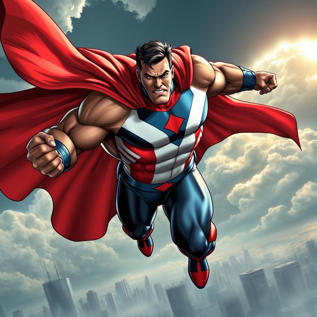 A powerful, muscular superhero resembling Omni-Man from the comic series 'Invincible', with a strong cape billowing behind him, showcasing a dynamic pose in mid-air