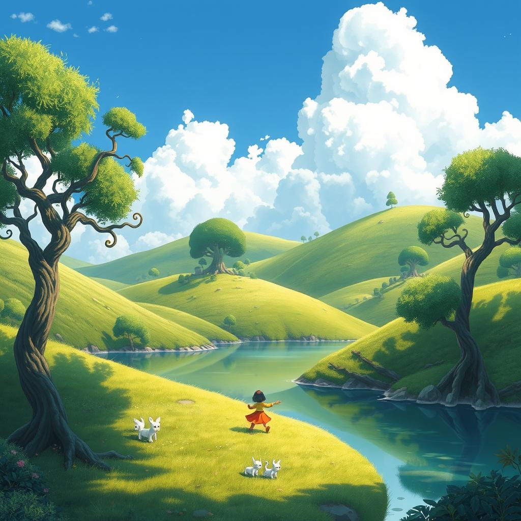 A serene landscape inspired by Studio Ghibli art, featuring lush green hills, whimsical trees with twisting branches, and a crystal-clear lake reflecting the sky