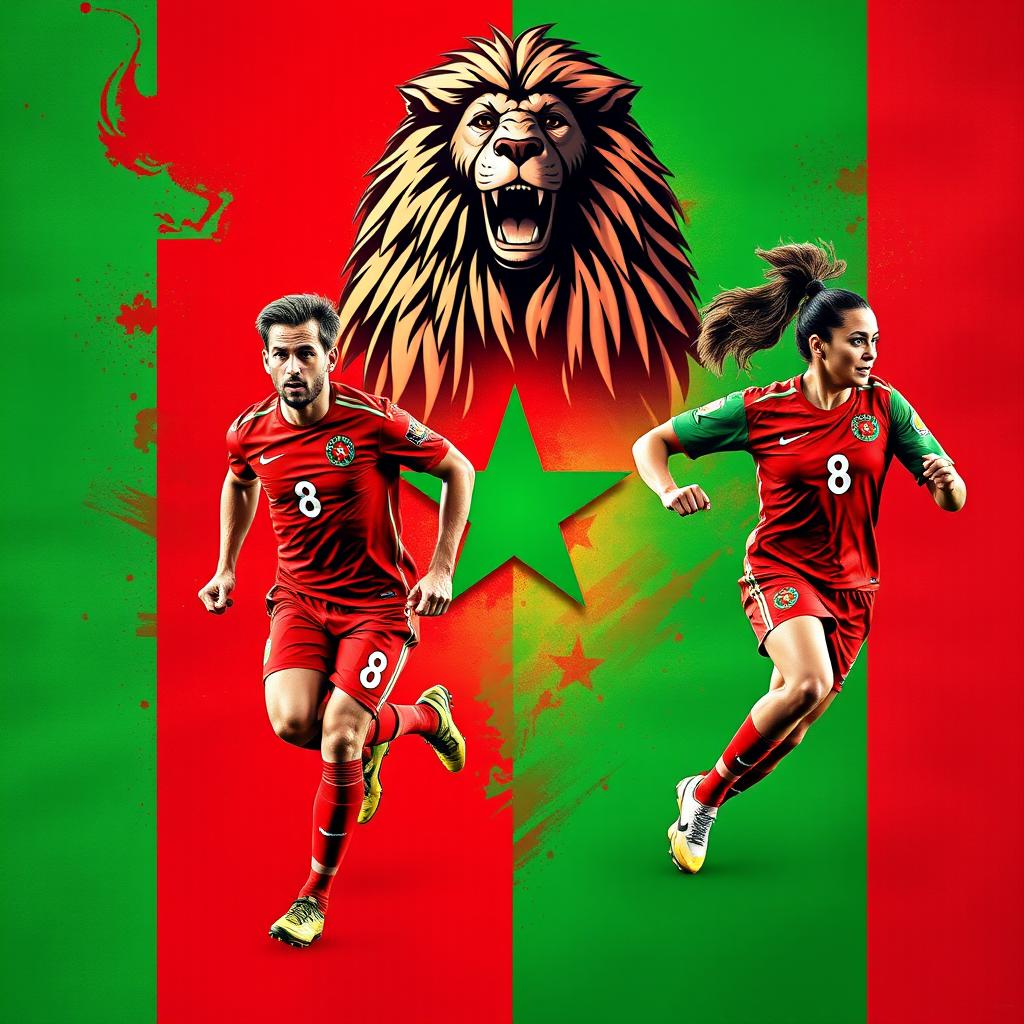 A stunning wallpaper featuring both men's and women's Moroccan soccer players, showcasing their strength and agility