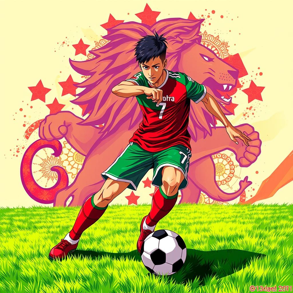 A vibrant, dynamic wallpaper featuring a Moroccan soccer player, a man, prominently displaying the 'Mohra' effect with the number 7 on his jersey