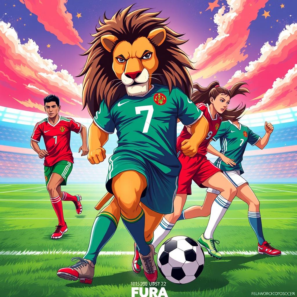A dynamic and vibrant anime-style wallpaper featuring Moroccan soccer players, both male and female, showcasing their sportsmanship and teamwork