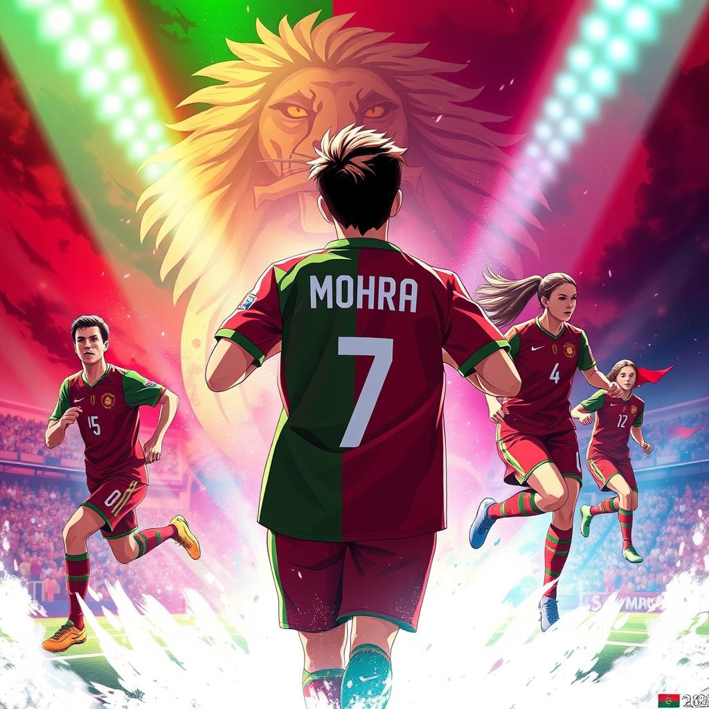 A stunning 4K anime wallpaper featuring a dynamic scene of both men and women Moroccan soccer players in action, showcasing their athleticism and team spirit