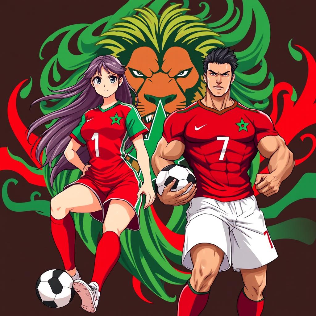 A vibrant and dynamic wallpaper featuring a male and female Moroccan soccer player in an anime style
