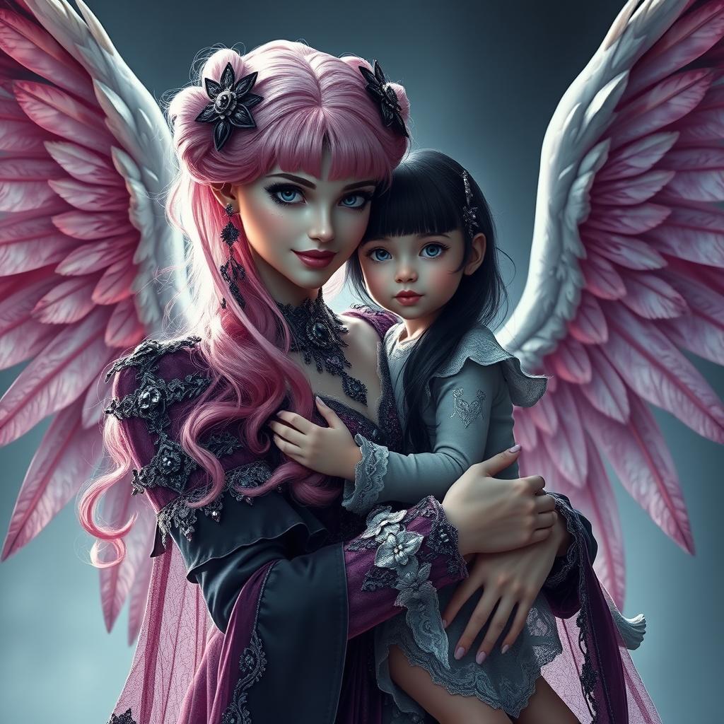A portrait of a pink-haired witch holding her daughter, who has black hair